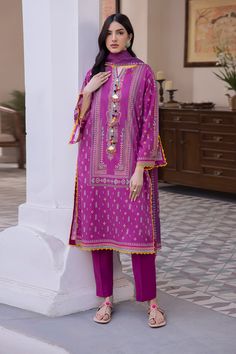 Festive Purple Lawn Suit With Digital Print, Long Sleeve Digital Print Sets For Festivals, Digital Print Long Sleeve Sets For Festivals, Festive Pink Kurta With Digital Print, Traditional Purple Printed Lawn Suit, Pink Digital Print Kurta For Festivals, Traditional Long Sleeve Sets With Digital Print, Festive Pink Digital Print Kurta, Festive Printed Lawn Suit For Festivals