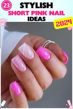 Short square pink nails with glitter and wave designs, made from gel. The glossy finish and mix of textures and patterns make these nails stand out while keeping a sophisticated base. Ideal for adding fun and flair to your look. Short Square Pink Nails, Square Pink Nails, Pink Nails With Glitter, Nails With Glitter, Wave Design, Glitter Nails