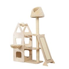 a wooden cat tree with a ramp to the top and a house in the middle