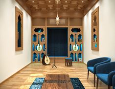 an empty room with blue chairs and wooden shelves on the wall, in front of a piano