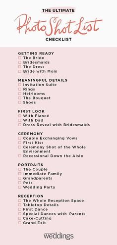 the ultimate photo - list checklist for your wedding day is shown in pink and white