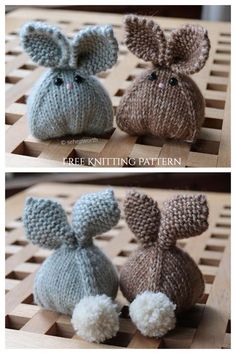 two knitted rabbits sitting next to each other on a wooden table with text overlay that says free knitting pattern