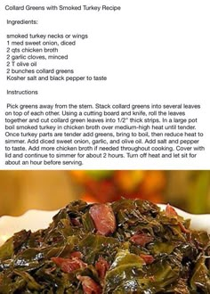 the recipe for collard greens with smoked turkey recipe is shown on a white plate