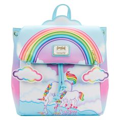 Add a splash of color to your wardrobe with the Loungefly Lisa Frank® Markie™ Reflection Mini Backpack. On the front, Markie and Celeste™ take a refreshing sip of water from a reflective lake. A bold and bright rainbow shines up above on the top flap of the backpack. The rainbow cloud zipper pulls will unveil a hidden Lisa Frank Unicorn, Billy Kid, Mini Mochila, Loungefly Bag, Anime Merch, Faux Leather Bag, Rainbow Brite, Rainbow Cloud, Lisa Frank