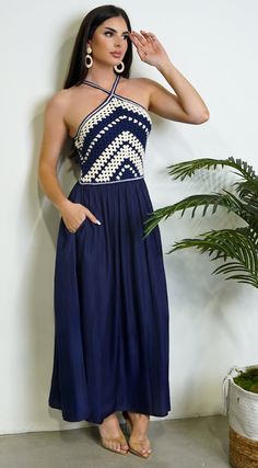 Maxi length dress Knit lace crochet combo  Halter neckline Relaxed fit  Adjustable straps  100% Cotton,/100% Polyester  Model's height: 5'6" Model is wearing size S Dress Knit, Knit Lace, Lace Crochet, Maxi Dress Blue, Halter Neckline, Lace Knitting, Knit Dress, Dress Length, Adjustable Straps