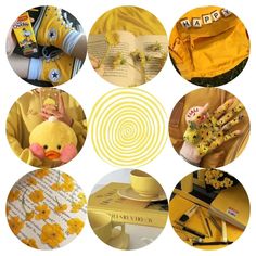 yellow and white collage with images of flowers, books, teacups and other items