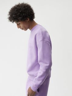 This Signature Recycled Cotton Sweatshirt is made with a responsibly sourced, high quality, recycled and organic cotton mix. The Orchid Purple color is created using a recycled water system. The fabric weight is a thicker, heavyweight recycled cotton that’s perfect for days you want a cozier feel. The material is brushed on the inside with a luxuriously soft, fuzzy, plush handfeel. ### Hyunser is 179cm / 5’10 , she is wearing a size S. Yassine is 191cm / 6’3 , he is wearing a size M. Crop Crewneck, Purple Sage, Purple Sweatshirt, Cropped Zip Up, Men's Sweatshirts, Orchid Purple, Mens Cashmere, Bleached Denim, Purple Orchids