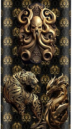 two golden dragon sculptures on a black and gold background