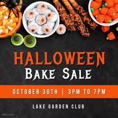 halloween bake sale with pumpkins, pretzels and candy