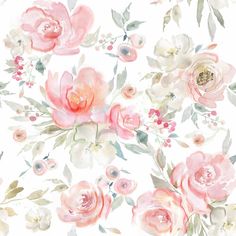 a watercolor painting of pink roses and green leaves