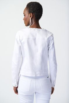 Upgrade your denim repertoire with this exquisite denim jacket. While maintaining the classic appeal of a timeless denim jacket, this high-end piece adds a touch of chic elegance with its modern crewneck collar and embellished pocket flaps. Color - Vanilla. (White) Denim. Embellished crewneck. Long sleeves. Two embellished pockets. Nine front buttons. Unlined. Fabric - 98% Cotton. 2% Spandex. Care - Hand wash in cold, separately, inside out. Do not bleach. Hang to dry in the shade. Low iron only Rhinestone Jacket, Mac Jeans, Classic Denim Jacket, Joseph Ribkoff, Pull Sweat, Rounded Neckline, Spring 2024, Light Jacket, Cut Design