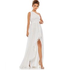 Mac Duggal White Sequin One Shoulder High Low Maxi Dress New Without Hang Tag Size 8 Style: 10825 Color: White One Shoulder High Low Hem All Over Sequins Back Zips Fabric Has Stretch Measurements Laying Flat, Unstretched: Chest: 16.5" Waist: 14" Length: 33" In Front At Highest Point, 62" In Back Five Star Seller. Fast Shipping! Formal, Bridal, Bride, Rehearsal Dinner, Prom, Cocktail, Party, Designer, Luxury, Formal, Gown, Wedding, Bridesmaid, Ball, Gala, Black Tie, Beaded, Sequin, Flowy, Botanic Mac Duggal Dress, High Low Gown, One Shoulder Prom Dress, High Low Maxi Dress, Prom Long, Mac Duggal Dresses, Unique Prom Dresses, One Shoulder Gown, Mac Duggal