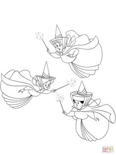 two cartoon characters flying in the air with their arms outstretched and one holding a wand