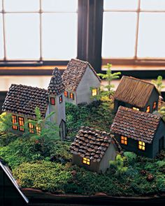 a model house with lights on and moss growing in the roof area next to it