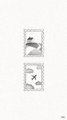 two stamps with an airplane and clouds on them