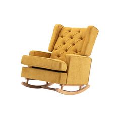 a yellow rocking chair with buttons on the back and seat upholstered to it