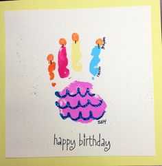 a birthday card with an image of a handprinted cake and candles on it