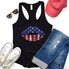 4th of July Tank Top, 4th of July Shirt Womens Tank Top, American Flag Lips, Fourth of July TankTop, Sleeveless Flag Print Tops For 4th Of July, 4th Of July Sleeveless Flag Print Top, Patriotic American Flag Print Sleeveless Top, Patriotic Sleeveless Top With American Flag Print, Patriotic Sleeveless Top With Flag Print, Sleeveless Cotton Top With Flag Print, Patriotic Fitted Sleeveless Top, Casual Sleeveless Tops For Independence Day, Sleeveless Tops For Independence Day