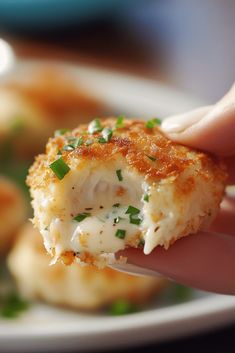 a hand holding a piece of food with cheese and chives on it, over a white plate