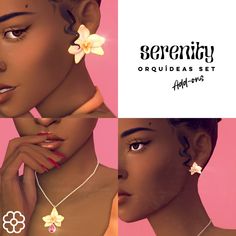 three different images of the same woman's face with flowers on her necklaces