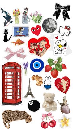 various stickers are arranged in the shape of a phone booth and some other things