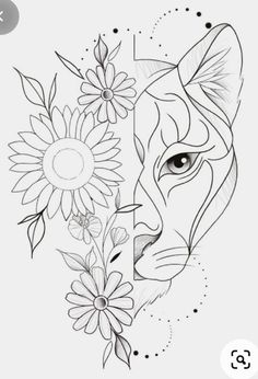 a black and white drawing of a cat with flowers in its mouth on a white background