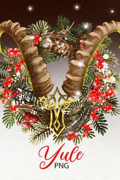 an artistic christmas card with antelope horns and holly wreath