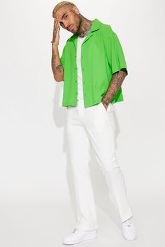 Available In Green. Fold Down Collar Front Button Closure Short Sleeve Shell: 100% Cotton Imported | Mens Blaze Of Glory Textured Button Up Shirt in Green size 2XL by Fashion Nova Summer Shirt With Lapel Collar And Button Closure, Casual Single-breasted Shirt For Spring, Spring Single Breasted Relaxed Fit Top, Spring Shirt With Johnny Collar And Buttons, Single Breasted Shirt With Spread Collar For Summer, Summer Single Breasted Shirt With Spread Collar, Summer Spread Collar Single-breasted Shirt, Green Short Sleeve Shirt With Buttons For Spring, Green Short Sleeve Button Shirt For Spring