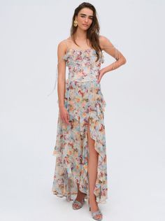 Constance Maxi Dress — Multi | For Love & Lemons Flowy Floor-length Dress With Ruffled Skirt, Feminine Floor-length Ruched Maxi Dress, Feminine Ruched Floor-length Maxi Dress, Flowy Maxi Dress With Floral Print, Floral Ruffled Maxi Dress For Party, Fitted Floor-length Maxi Dress With Ruffled Skirt, Feminine Long Dress With Ruffled Skirt, Ruched Flowy Maxi Dress, Long Ruffled Dress For Brunch