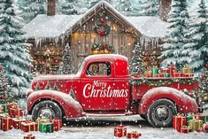 an old red truck with presents in front of a christmas tree and cabin on the side