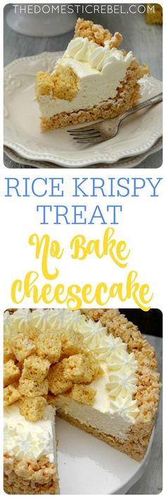 rice krispy treat no bake cheesecake on a white plate with the words, rice krispy treat no bake cheesecake