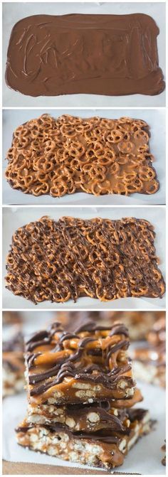 four different types of chocolate and pretzels on top of each other with the words,