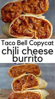 three different types of chili cheese burritos stacked on top of each other