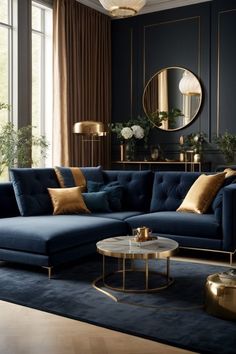 a living room with blue couches and gold pillows