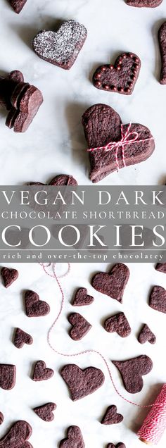 vegan chocolate shortbread cookies are arranged on a white surface with text overlay that reads, vegan dark chocolate shortbread cookies