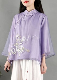 New Purple Stand Collar Embroidered Button Tulle Shirt SpringFabric: TulleSize & Fit: Fit: This garment fits true to size.Length: Size L measures 22.23"from shoulder to hemBust: Great for any cup size. Waist: Loose Fit. Comfortable room throughout midsection.Hip: Loose Fit - room for hips. Hand Wash Cold. Spring Fabric, Spring Shirts, Free Giveaway, Stand Collar, Loose Fitting, Collar, Purple