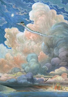 a painting of clouds and a plane flying in the sky