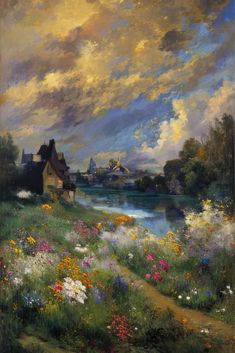 an oil painting of a house by the water with flowers in front of it and clouds above