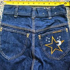 These Are Vintage Hash Big Bell Bottom Jeans. Made In Ca Usa. 11/12 Inch Waist And 45inch L. 27.94 Cm W To 114cm L These Pants Had Belonged To My Mother Back In The 70s. Bell Bottom Jeans 70s, Bottom Jeans, To My Mother, Embroidered Jeans, Bell Bottom, Sewing Tips, The 70s, Sewing Hacks, Bell Bottoms