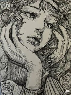 a black and white drawing of a woman holding her hand to her face with roses in the background