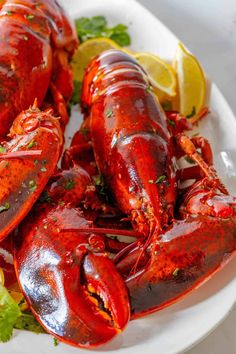 cooked lobsters on a white plate with lemon wedges and parsley garnish