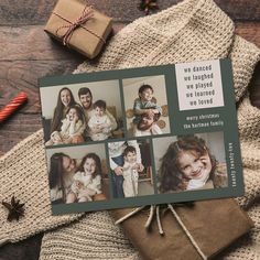 a christmas card with pictures of people and presents on top of the cards are wrapped in twine