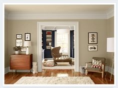 a living room with brown walls and white trim