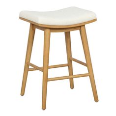 a wooden stool with white upholstered seat and back cushion on an isolated background