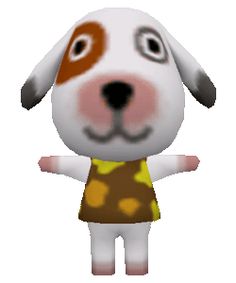 an animated dog wearing a yellow shirt and brown polka dot print on it's chest