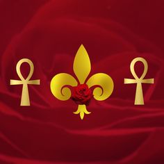 three symbols on a red background with gold fleur de lis in the center