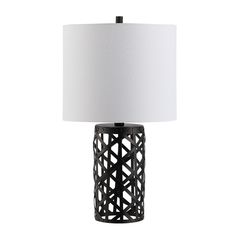 a black table lamp with a white shade on the top and bottom part of it