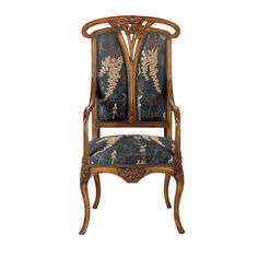 an antique chair with floral upholstered back and arm rests against a white background