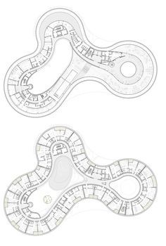 two drawings of the floor plan for an apartment complex with spiral staircases and circular balconies