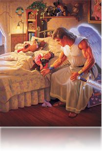 a man and woman are in bed with an angel holding a baby on her lap